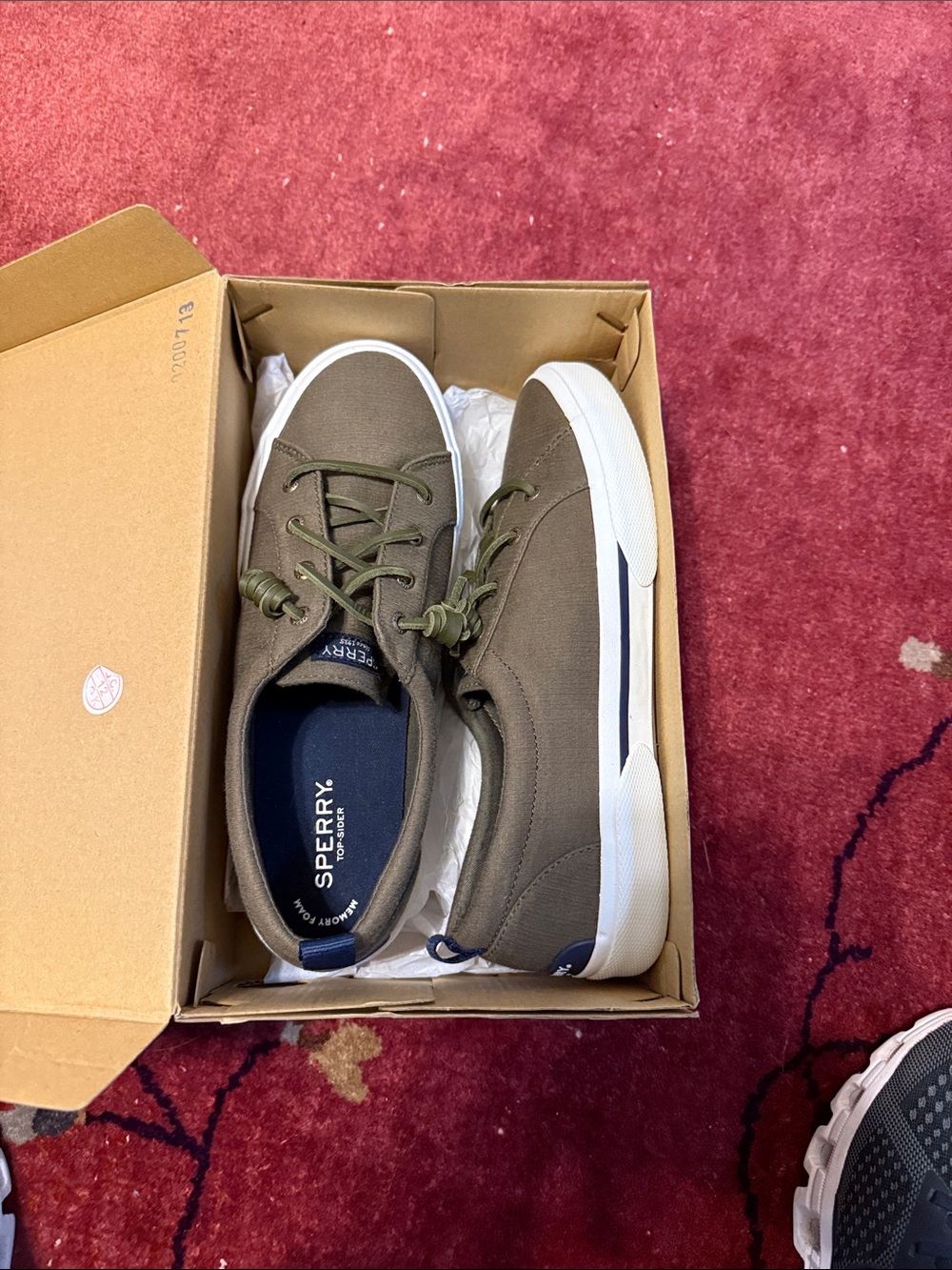 Sperry women’s Olive Green Canvas Boat Shoes with White Sole